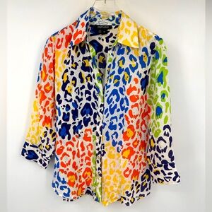 Paperwhite 100% Linen Blouse Top Colorful Leopard Animal Print Womens 02